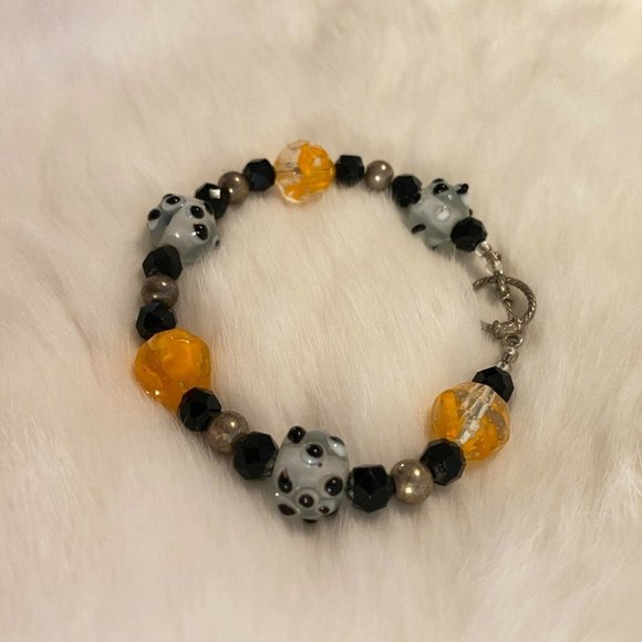 BLack Orange Polka Dot Bead Bracelet Silver Tone Metal Toggle Clasp 6203 - Picture 6 of 8